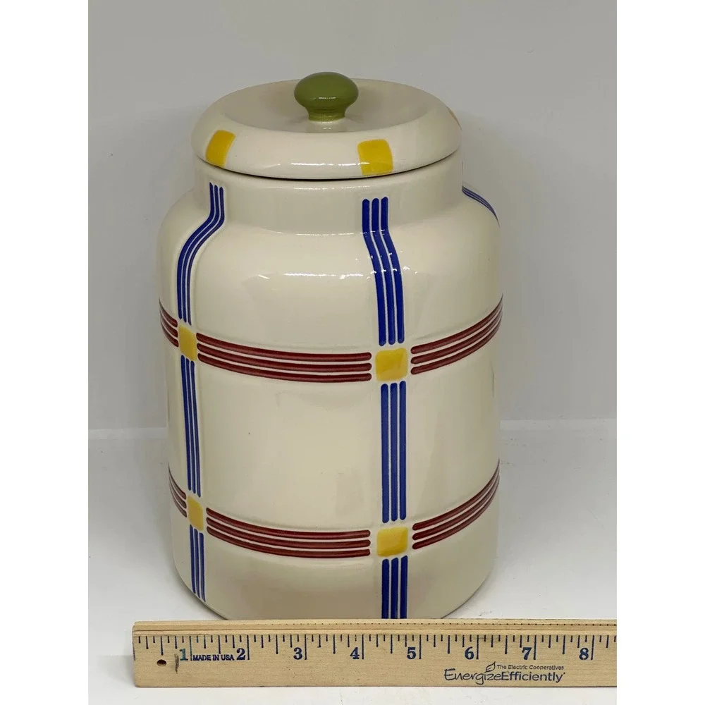Longaberger Classic Bold Plaid 3 Qt Canister Cornflower Paprika Butternut 31545